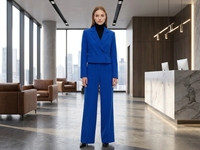 Ensemble deux pièces de haute qualité en lin pour femmes, blazer court et pantalon large, couleur unie, double boutonnage, costume de bureau décontracté