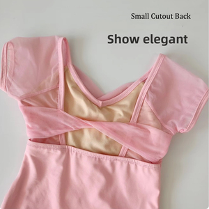 Bonito Maillot Plisado Rosa para Niñas de Ballet Danza Manga Corta, de Nylon Spandex, Ropa de Baile para Edades 3-15 Años - Product Image 3