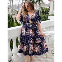 Vestido Casual de Verano para Mujer, Estilo Europeo Americano, Cuello en V, Azul Marino, Estampado, Línea A, Superventas