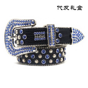 Cinturón de Diamantes de Imitación para Mujer, Hebilla de Aleación, Estilo Hip Hop, Moderno, Negro con Piedras Azules, Diseño de Cono, Otro Material - Product Image 6