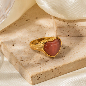 Anillo Abierto de Acero Inoxidable con Baño de Oro de 18K y Piedra Ojo de Gato Rosa, Diseño de Corazón, Novedad - Product Image 4