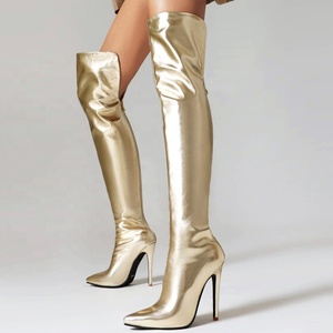 Botas Largas Plateadas con Cremallera Trasera para Mujer, Talla Grande 47, Tacones Altos y Delgados, Botines por Encima de la Rodilla, Punta Puntiaguda, Ajuste Ancho, Zapatos de Vestir - Product Image 3