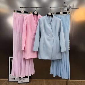 AIMEISI hotseller nuovo collo a V maniche lunghe con bottone vita <span class=keywords><strong>elegante</strong></span> Blazer Tulle gonne da <span class=keywords><strong>donna</strong></span> lungo due pezzi Set gonna tailleur - Product Image 1