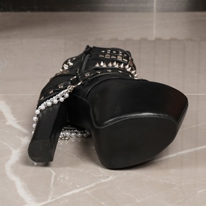 Classic Sexy Ladies Botines Mujer Talons Femmes 2025 Chunky Heel Platform 16CM Rivet Pearl Chain Heels Ankle <b>Boots</b> for Women - Product Image 6