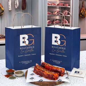 Sac de livraison en papier kraft avec poignées plates, imprimé, personnalisé avec logo, écologique, jetable, recyclable, pour la viande, les aliments, les plats à emporter - Product Image 3