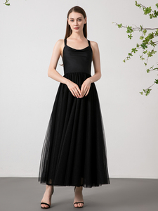 Ruolai ND020 Sexy canotta Chiffon abiti lunghi donna Elegent collo a barca <span class=keywords><strong>con</strong></span> <span class=keywords><strong>Tulle</strong></span> gonna nera abiti da festa - Product Image 2