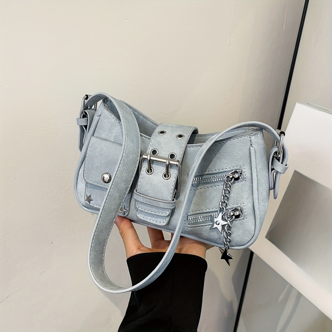 Trends Denim 90s Shoulder Purse Chic Women's Y2K PU Denim Blue