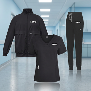 Women Black Scrub Set With Logo Polyester Woven Hospital Uniforms Pants V-Neck <b>Top</b> Jacket - Product Image 3