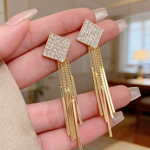 Zhi Ling Gold Square Rhinestone Tassel Drop <b>Earrings</b> S925 <b>Post</b> Party Fashion - Product Image 3
