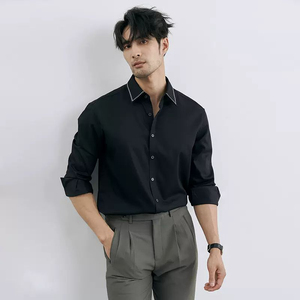 Col italien brodé noir et blanc chemise infroissable pour hommes affaires décontracté chemise à manches longues pour hommes