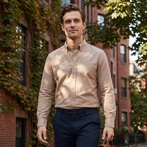 Camisa <span class=keywords><strong>Oxford</strong></span> Premium 100% Algodón de Manga Larga para Hombre, Diseño sin Bolsillos, Cuello con Botones, Transpirable, Antiarrugas, Elegante - Product Image 3