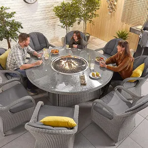 Outdoor Garden Furniture Aluminum Frame PE Rattan Woven Patio Table With Fire Pit Rattan Dining Table