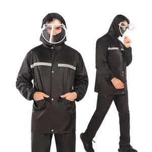 100% Polyester PVC Wasserdichte Regen jacke mit Hose Lätzchen Kapuze Regenmantel Schwarzer Regen anzug Großhandel für Angel golf ausrüstung