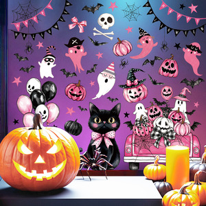 Pegatinas de Halloween Rosa Pastel al por Mayor, Lindas Pegatinas de Gato Negro, Fantasma, Calabaza y Murciélago para Decoración de Ventanas y Paredes, Decoración para Fiesta de Halloween - Product Image 3