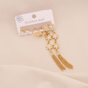 <span class=keywords><strong>3</strong></span> 对小众长款爱心耳环套装气质六叶花流苏耳环不锈钢配饰 - Product Image 5