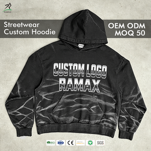 Sudadera con Capucha Corta para Hombre, Estampado de Ondas de Agua, Lavado Vintage, Hombro Caído, Estilo Urbano, OEM Personalizado - Product Image 1