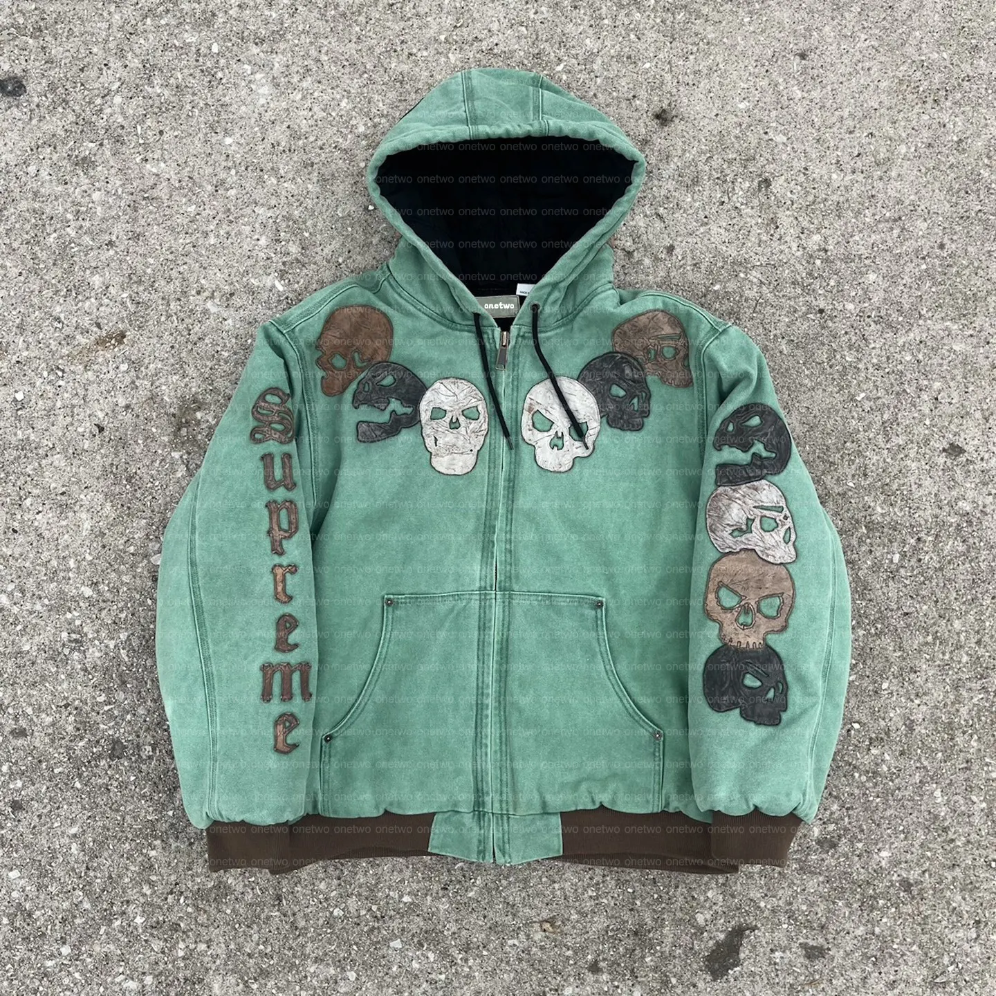 Chaqueta DE TRABAJO personalizada WT, chaqueta de lona de algodón con lavado ácido de pato, Vintage parche bordado de Calavera, chaqueta de trabajo de bombardero con capucha para hombres