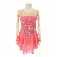 Robe de danse patinage rose à col rond, maille nude, manches longues, strass floraux pour enfants et adultes, compétition et performance