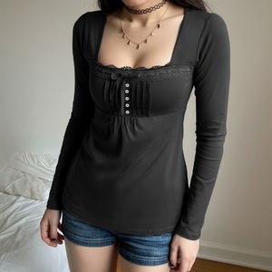 Camiseta de Punto con Encaje para Niñas, Cuello Cuadrado, Estilo Línea A, Dulce y Versátil, con Botones y Manga Larga - Product Image 3