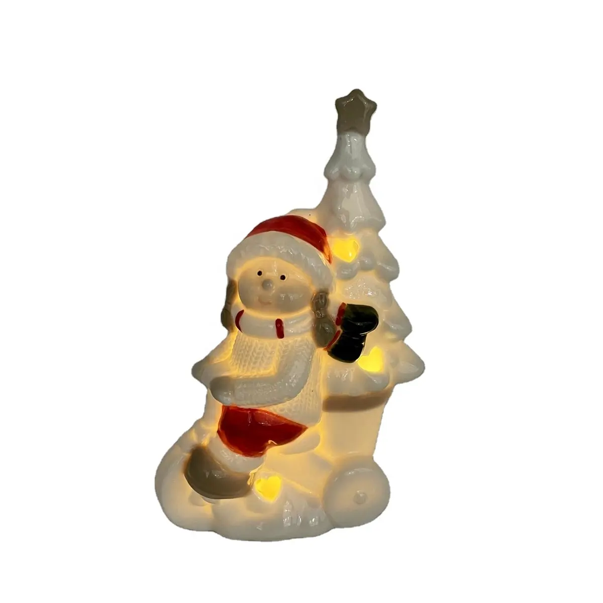 Árvore de cerâmica iluminada com led, engraçada menina boneco de neve com árvore de férias