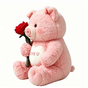 Cerdo de peluche rosa con rosa, cerdo de peluche con corazón 'Love U', juguete de peluche de cerdo de San Valentín, lindo cerdo rosa sosteniendo una rosa roja. - Product Image 1