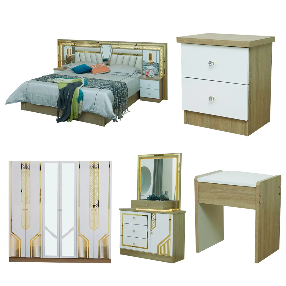 Móveis de madeira simples e modernos para quarto principal, armário king size, armário de cabeceira, 5 peças, conjuntos de quarto de hotel