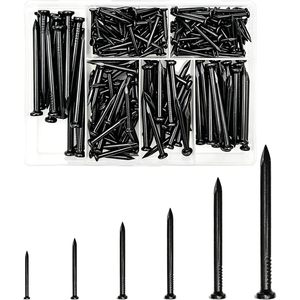 Black Cement Steel <b>Nails</b> Assortment Kit 6 Sizes 2/3 To 2 Inch Heavy Duty Flat Head Concrete <b>Nails</b> Black Oxide Coated - Product Image 1