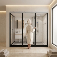 Cabine de douche tout-en-un YEETE avec douche pluie, module de salle de bain modulaire, meuble-lavabo en bois, miroir, armoire, toilettes, serrure, aluminium trempé, LED