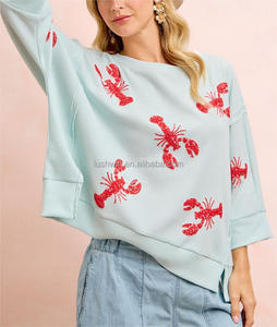 Sudadera de punto gofrado con lentejuelas de menta y bordado de langosta para el <span class=keywords><strong>4</strong></span> de julio, cuello redondo oversize, manga 3/<span class=keywords><strong>4</strong></span>, top casual para mujer - Product Image 5