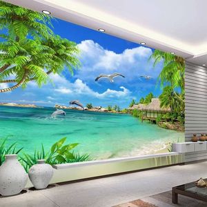 Murale 3D HD personnalisée, toile murale 5D Paysage de plage avec cocotiers pour fond de télévision de salon - Product Image 3