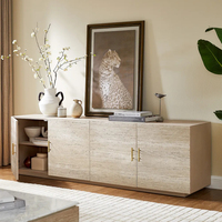 Meuble TV KUMUSI 84 pouces en travertin naturel avec rangement et étagères réglables, table console en pierre avec armoire