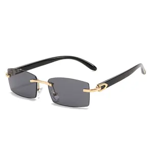 Custom Men Metallic Embellished Small Square Frame Sunglasses Retro Trendy Rimless Sunglasses Women