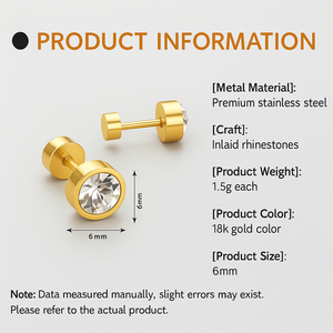3-6MM Screw-Back <b>Crystal</b> <b>Studs</b> | Stainless Steel 18K PVD Gold Plated Unisex <b>Earrings</b> | Minimalist Cartilage Piercing Jewelry - Product Image 6