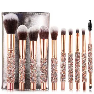 ZH Rose golden Glitter Handle 10pcs crystal diamond foundation brush set with PU bag makeup brushes