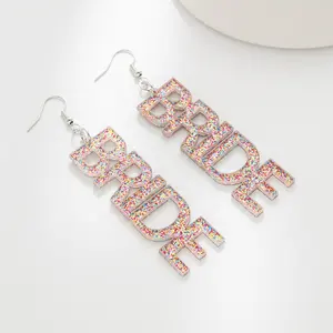 Party Exaggerated Long BRIDE Letter Pendant Earrings Dazzle Colorful Sparkle Glitter Acrylic Drop Dangle Earrings