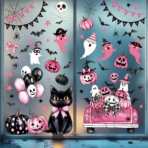 Pegatinas de Halloween Rosa Pastel al por Mayor, Lindas Pegatinas de Gato Negro, Fantasma, Calabaza y Murciélago para Decoración de Ventanas y Paredes, Decoración para Fiesta de Halloween - Product Image 4