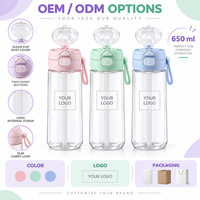 Bouteille d'eau double compartiment en PC transparent de 650 ml avec couvercle anti-poussière rabattable, anse de transport, anti-fuite et incassable pour usage quotidien, voyage et activités de plein air