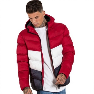 <b>Men's</b> Red <b>White</b> Navy Color Block Hooded Puffer <b>Jacket</b> Zipper Closure Casual Winter Coat Thick Polyester Wadding Windproof - Product Image 1