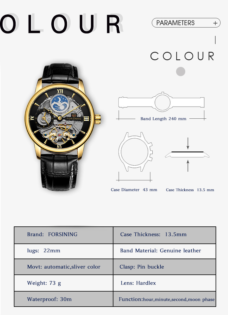 Forsining 8217 Design Hollow Engraving Black Gold Case Leather Skeleton Mechanical Watches Men Luxury Brand Heren Horloge