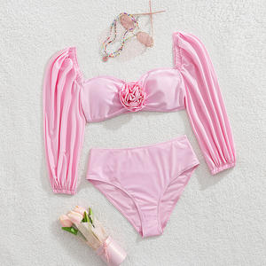 2026 Set Bikini Bandeau 2 potong warna polos merah muda menawan baru lengan panjang untuk wanita pakaian renang pantai pakaian liburan bunga 3D - Product Image 1