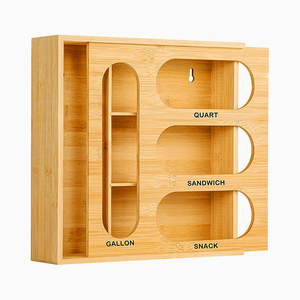 Bamboo Food Storage Bag Holders Zip Lock Container Box Baggie Dispenser Box for Kitchen Bamboo Ziplock Bag Organizer