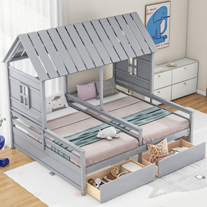 Grey Wooden House-Shaped Double Children's Bed With <b>Storage</b> <b>Drawers</b> Bedroom Furniture For Kids - Product Image 1