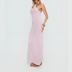 Abito <span class=keywords><strong>Lungo</strong></span> Estivo da Spiaggia in Maglia Aperta con Collo Halter, Design Personalizzato OEM/ODM, Stile Boho Chic <span class=keywords><strong>Rosa</strong></span> all'Uncinetto per Donne Eleganti - Product Image 3