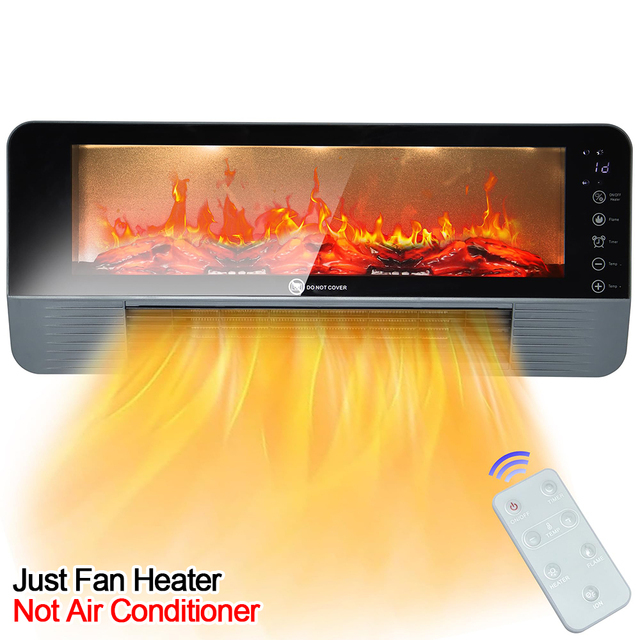 2 in 1 Small Wall Mounted Indoor Use Timer Space Air Hot Electric Fan Heater With 3D Flame Remote Display for Bedroom Bathroom