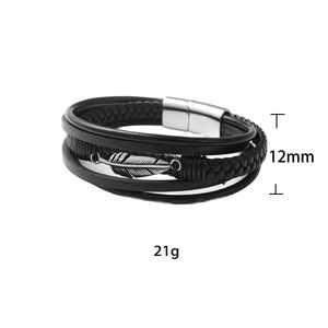 Tibetan Silver Feather <b>Leather</b> <b>Bracelet</b> Black Titanium Steel Woven Round Charm <b>Bracelet</b> Fashion Jewelry - Product Image 5