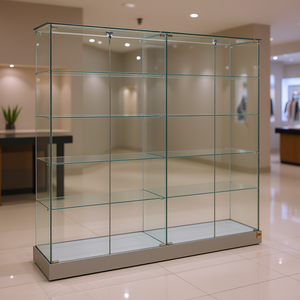 Vitrine en verre moderne de 185 cm de large et 180 cm de haut, base gris clair avec roulettes dissimulées et portes verrouillables - Product Image 3