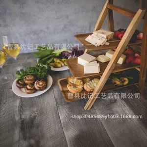 Wooden Three Layer Folding Serving Tray 3 Floors Multi Functional <b>Kitchen</b> Storage Rack For Food Display - Product Image 4