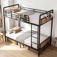 Lit superposé double sur double avec escalier, rangement et station de charge, structure métallique noire - Meilleure vente