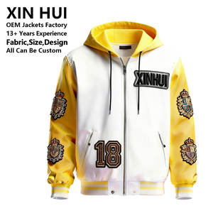 Chaqueta Bomber Varsity Personalizada para Hombre, de Invierno, Larga, con Capucha, Cierre de Cremallera, Parches Bordados, Mangas de Cuero en Contraste y Forro Polar - Product Image 1