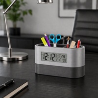Jam Alarm Digital Tenang dengan Logo Kustom, Tempat Pulpen, Kalender, Suhu, Bertenaga Baterai Elektronik untuk Kantor dan Sekolah